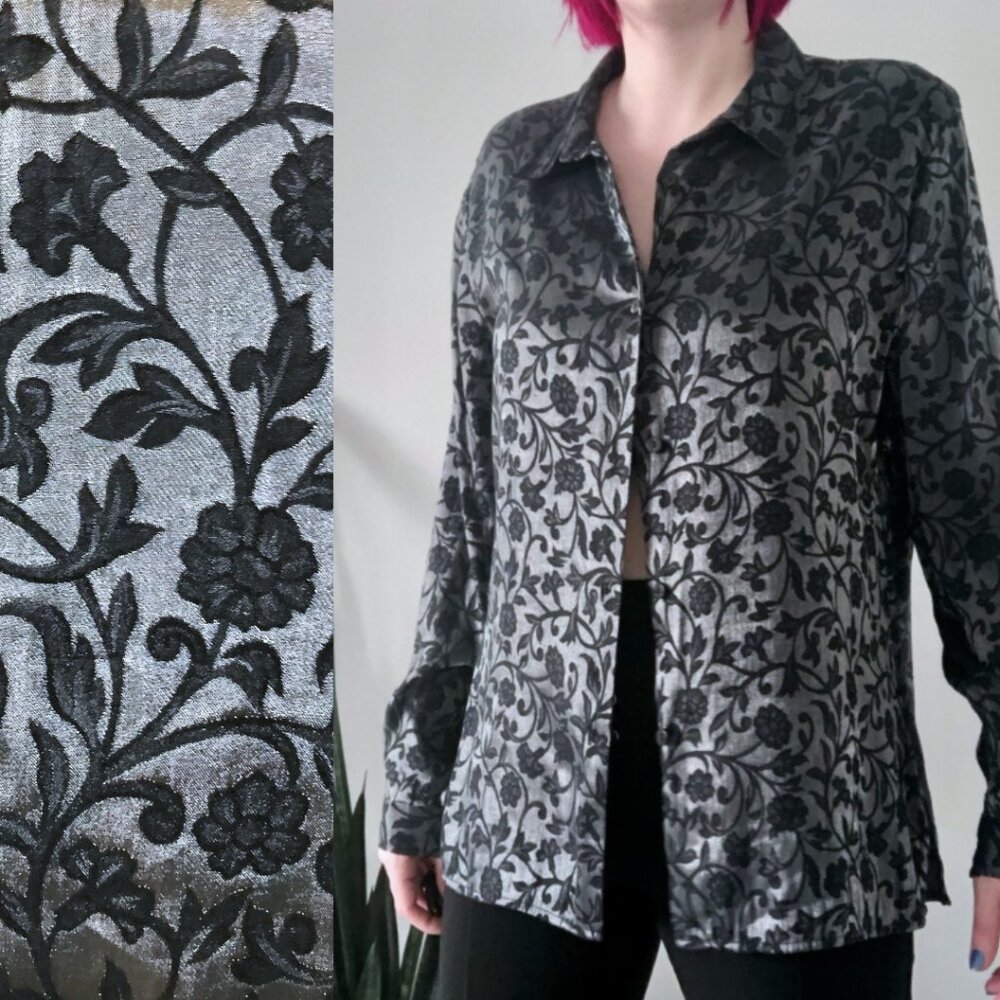 Vintage 1990s Kathie Lee Collection Metallic Brocade Floral Button Down Shirt